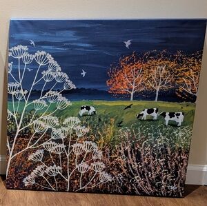 Brand New Colorful Landscape Canvas Art with Cows By Jo Grundy  26*26